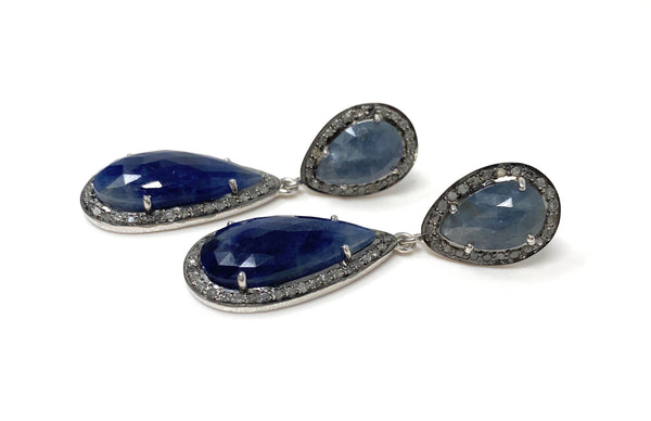 Pave Diamond Sapphire Earrings, Natural Blue Sapphire Gemstone Earring