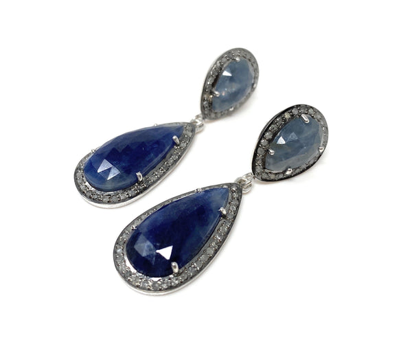 Pave Diamond Sapphire Earrings, Natural Blue Sapphire Gemstone Earring