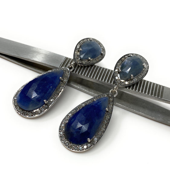 Pave Diamond Sapphire Earrings, Natural Blue Sapphire Gemstone Earring