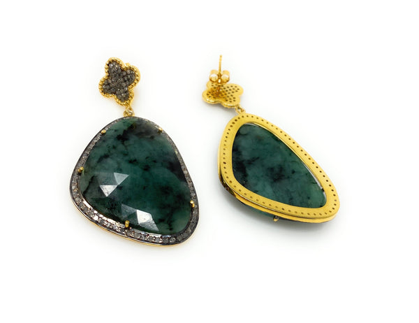 Genuine Emerald Pave Diamond Earrings, Natural Gemstone Earrings,