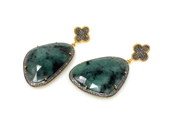 Genuine Emerald Pave Diamond Earrings, Natural Gemstone Earrings,