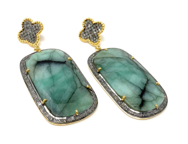 Rare Emerald Pave Diamond Earrings, Natural Gemstone Earrings,