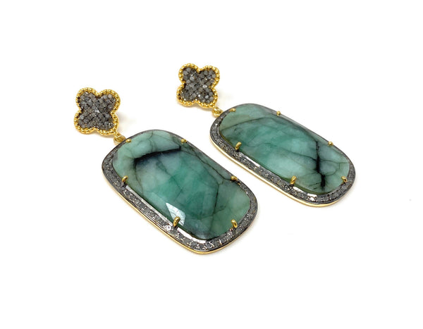 Rare Emerald Pave Diamond Earrings, Natural Gemstone Earrings,