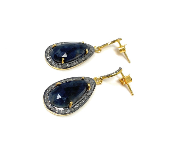 Blue Sapphire Diamond Earrings, Natural Gemstone Pave Diamond