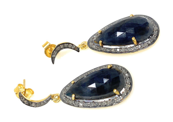 Blue Sapphire Diamond Earrings, Natural Gemstone Pave Diamond