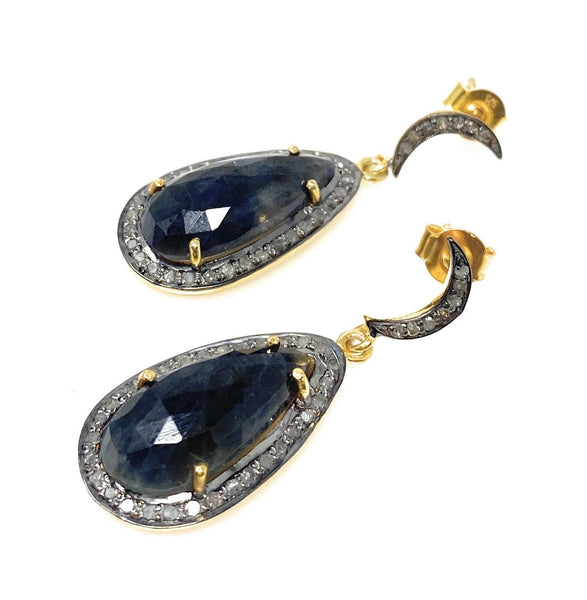 Blue Sapphire Diamond Earrings, Natural Gemstone Pave Diamond