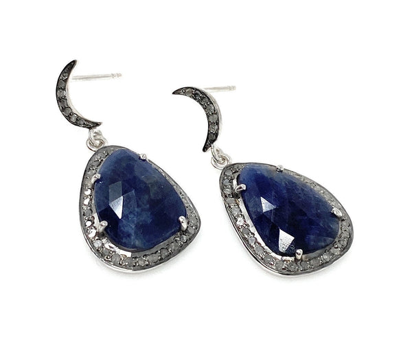 Pave Diamond Sapphire Earrings, Natural Blue Sapphire Gemstone