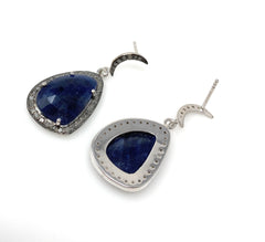 Pave Diamond Sapphire Earrings, Natural Blue Sapphire Gemstone