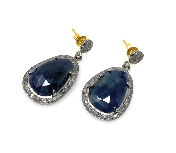 Pave Diamond Sapphire Earrings, Natural Blue Sapphire Gemstone