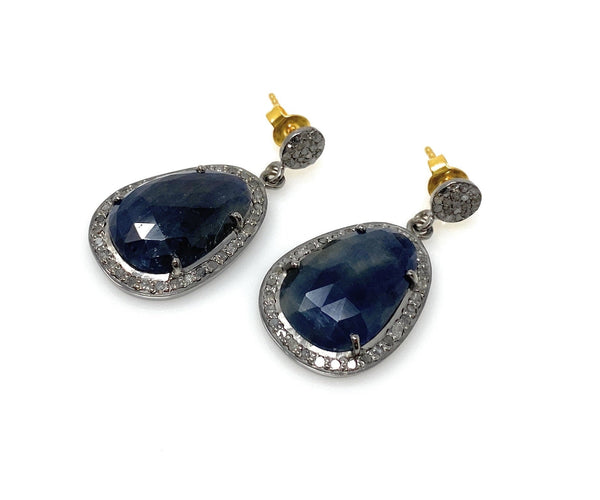 Pave Diamond Sapphire Earrings, Natural Blue Sapphire Gemstone