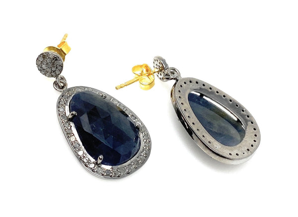 Pave Diamond Sapphire Earrings, Natural Blue Sapphire Gemstone