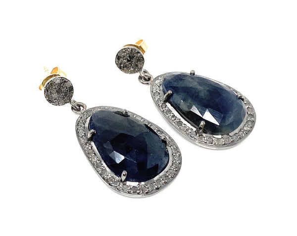 Pave Diamond Sapphire Earrings, Natural Blue Sapphire Gemstone