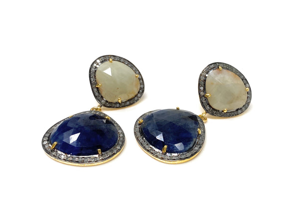 Rare Blue and Off White Sapphire Pave Diamond Earrings, Genuine Fancy