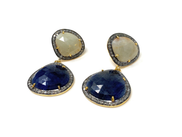 Rare Blue and Off White Sapphire Pave Diamond Earrings, Genuine Fancy