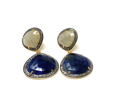 Rare Blue and Off White Sapphire Pave Diamond Earrings, Genuine Fancy