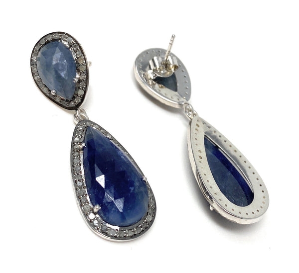 Pave Diamond Sapphire Earrings, Natural Blue Sapphire Gemstone Earring