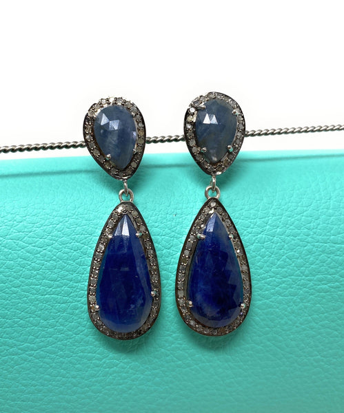 Pave Diamond Sapphire Earrings, Natural Blue Sapphire Gemstone Earring