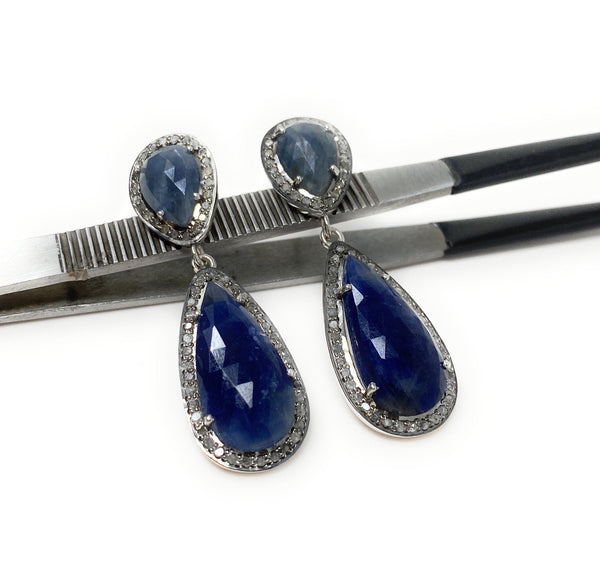 Pave Diamond Sapphire Earrings, Natural Blue Sapphire Gemstone Earring