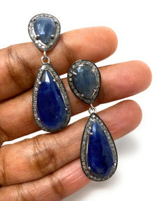 Pave Diamond Sapphire Earrings, Natural Blue Sapphire Gemstone Earring