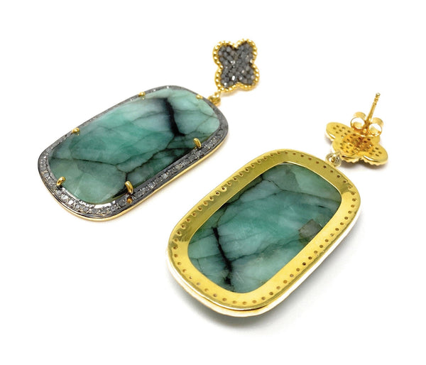 Rare Emerald Pave Diamond Earrings, Natural Gemstone Earrings,