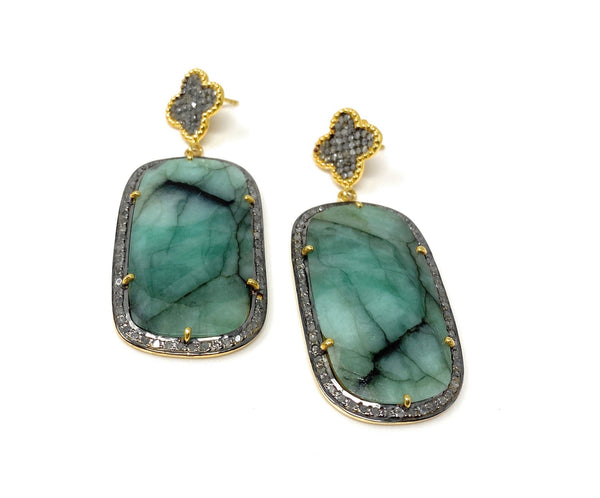 Rare Emerald Pave Diamond Earrings, Natural Gemstone Earrings,