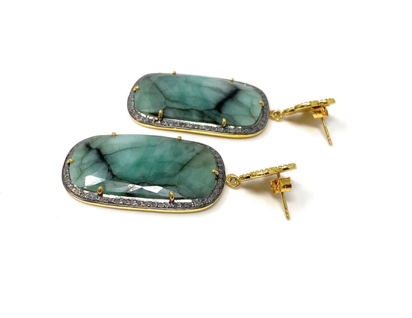 Rare Emerald Pave Diamond Earrings, Natural Gemstone Earrings,