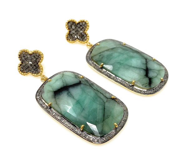 Rare Emerald Pave Diamond Earrings, Natural Gemstone Earrings,