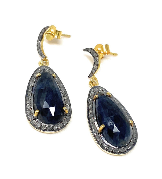 Blue Sapphire Diamond Earrings, Natural Gemstone Pave Diamond