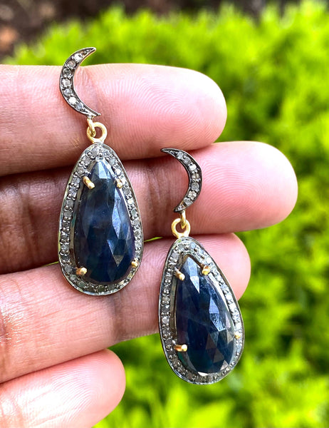 Blue Sapphire Diamond Earrings, Natural Gemstone Pave Diamond