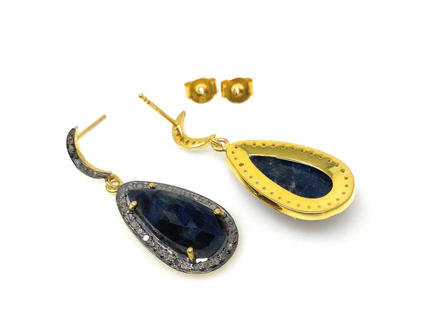 Blue Sapphire Diamond Earrings, Natural Gemstone Pave Diamond