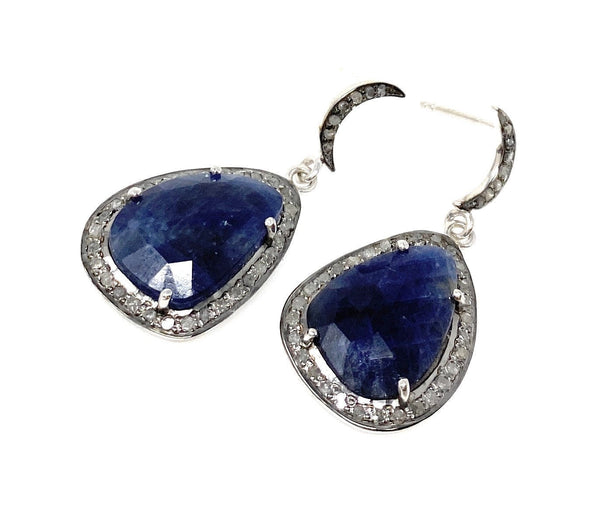 Pave Diamond Sapphire Earrings, Natural Blue Sapphire Gemstone