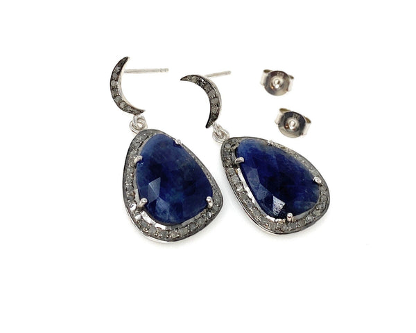 Pave Diamond Sapphire Earrings, Natural Blue Sapphire Gemstone