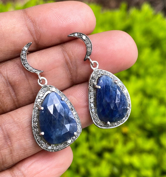 Pave Diamond Sapphire Earrings, Natural Blue Sapphire Gemstone