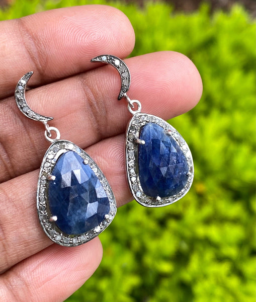 Pave Diamond Sapphire Earrings, Natural Blue Sapphire Gemstone