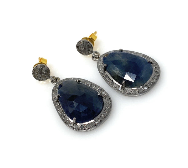 Pave Diamond Sapphire Earrings, Natural Blue Sapphire Gemstone