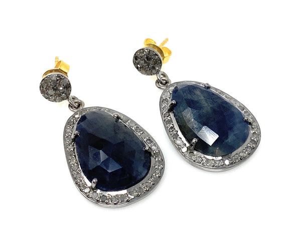 Pave Diamond Sapphire Earrings, Natural Blue Sapphire Gemstone