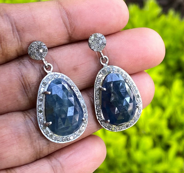 Pave Diamond Sapphire Earrings, Natural Blue Sapphire Gemstone