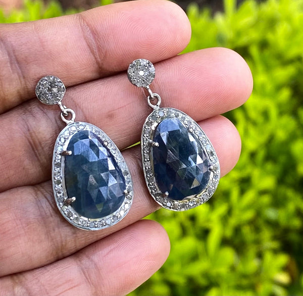 Pave Diamond Sapphire Earrings, Natural Blue Sapphire Gemstone