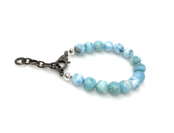 10mm Genuine Larimar Gemstone Bracelet, Pave Diamond Adjustable