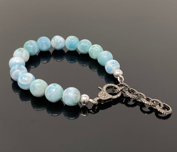 10mm Genuine Larimar Gemstone Bracelet, Pave Diamond Adjustable