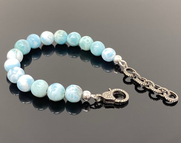 10mm Genuine Larimar Gemstone Bracelet, Pave Diamond Adjustable