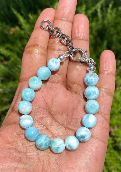 10mm Genuine Larimar Gemstone Bracelet, Pave Diamond Adjustable