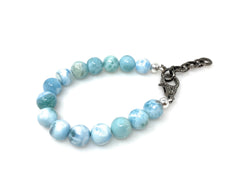 10mm Genuine Larimar Gemstone Bracelet, Pave Diamond Adjustable