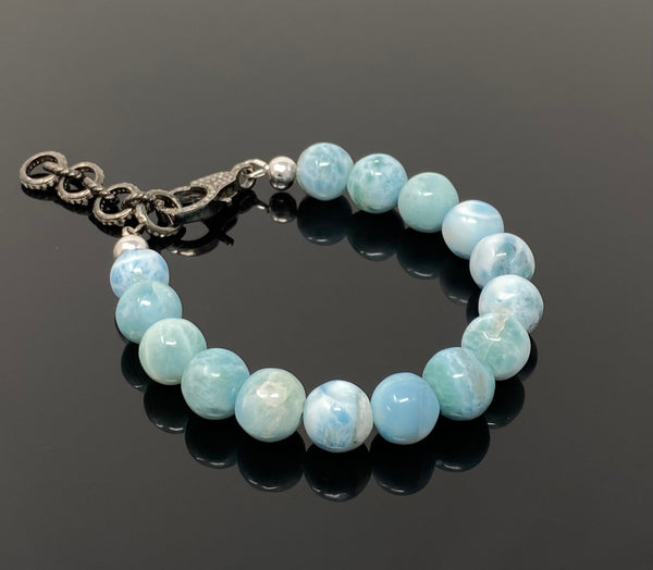 10mm Genuine Larimar Gemstone Bracelet, Pave Diamond Adjustable