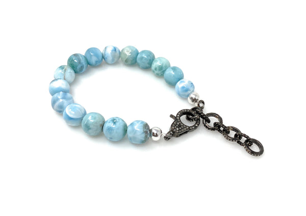 10mm Genuine Larimar Gemstone Bracelet, Pave Diamond Adjustable