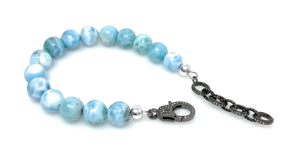 10mm Genuine Larimar Gemstone Bracelet, Pave Diamond Adjustable