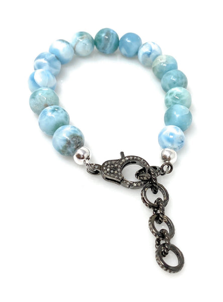 10mm Genuine Larimar Gemstone Bracelet, Pave Diamond Adjustable